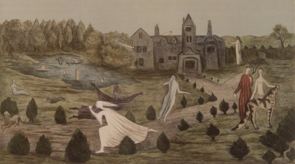 A colour image of a lithograph done by surrealist artist Leonora Carrington in 1987. The image shows her childhood home Crookhey Hall in Lancashire England. A large gothic mansion with ghostly figures surrounding it, and a lake on the left of the house. 